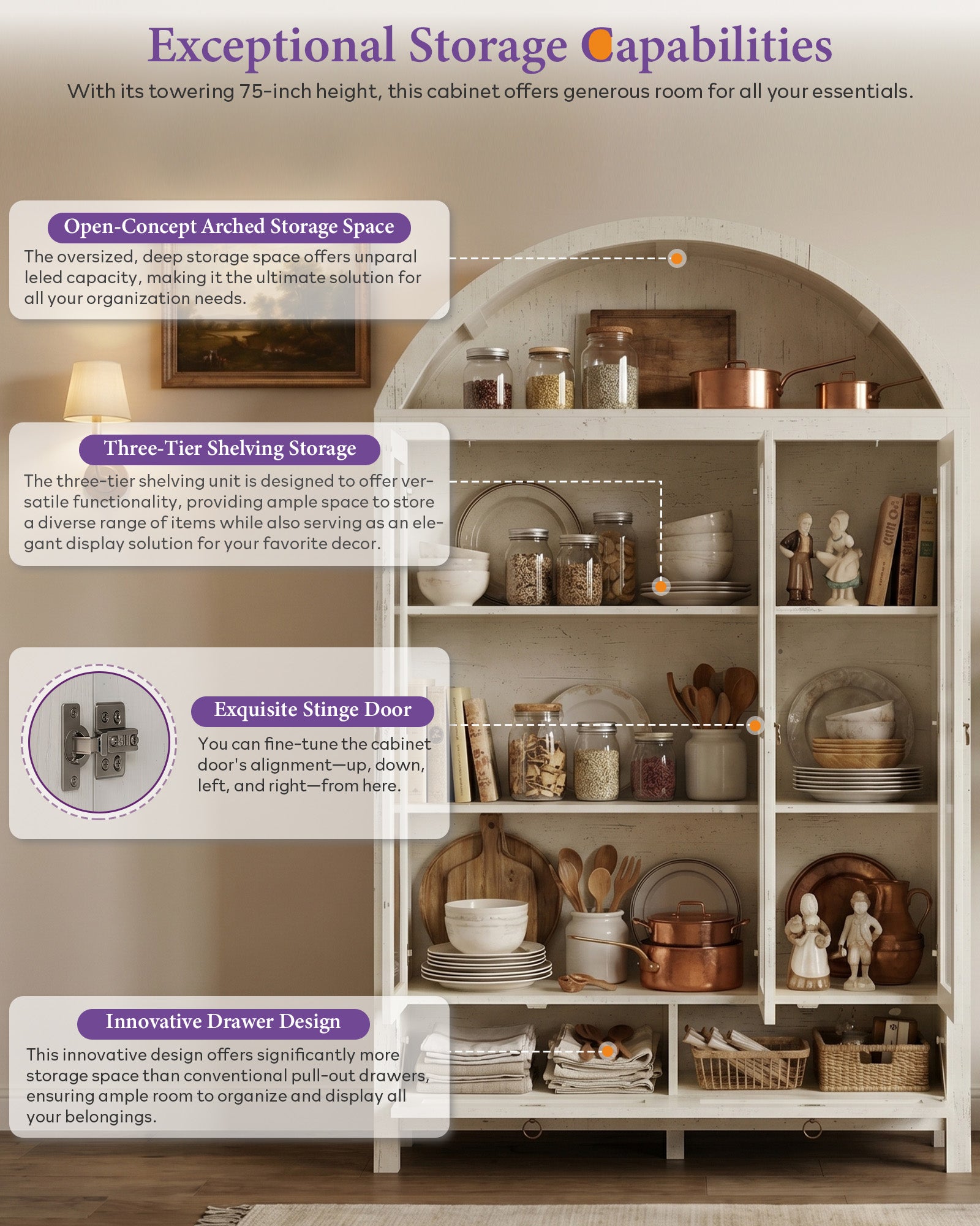 75'' White Arched Cabinet, Arch Storage Cabinet, Pantry with 3 Glass Doors | TYBOATLE, Pantry Cabinet, Farmhouse Style, Rattan Drawers, Anti-Tip Device, Kitchen, Bathroom, Dining Room, Cupboard Storage
