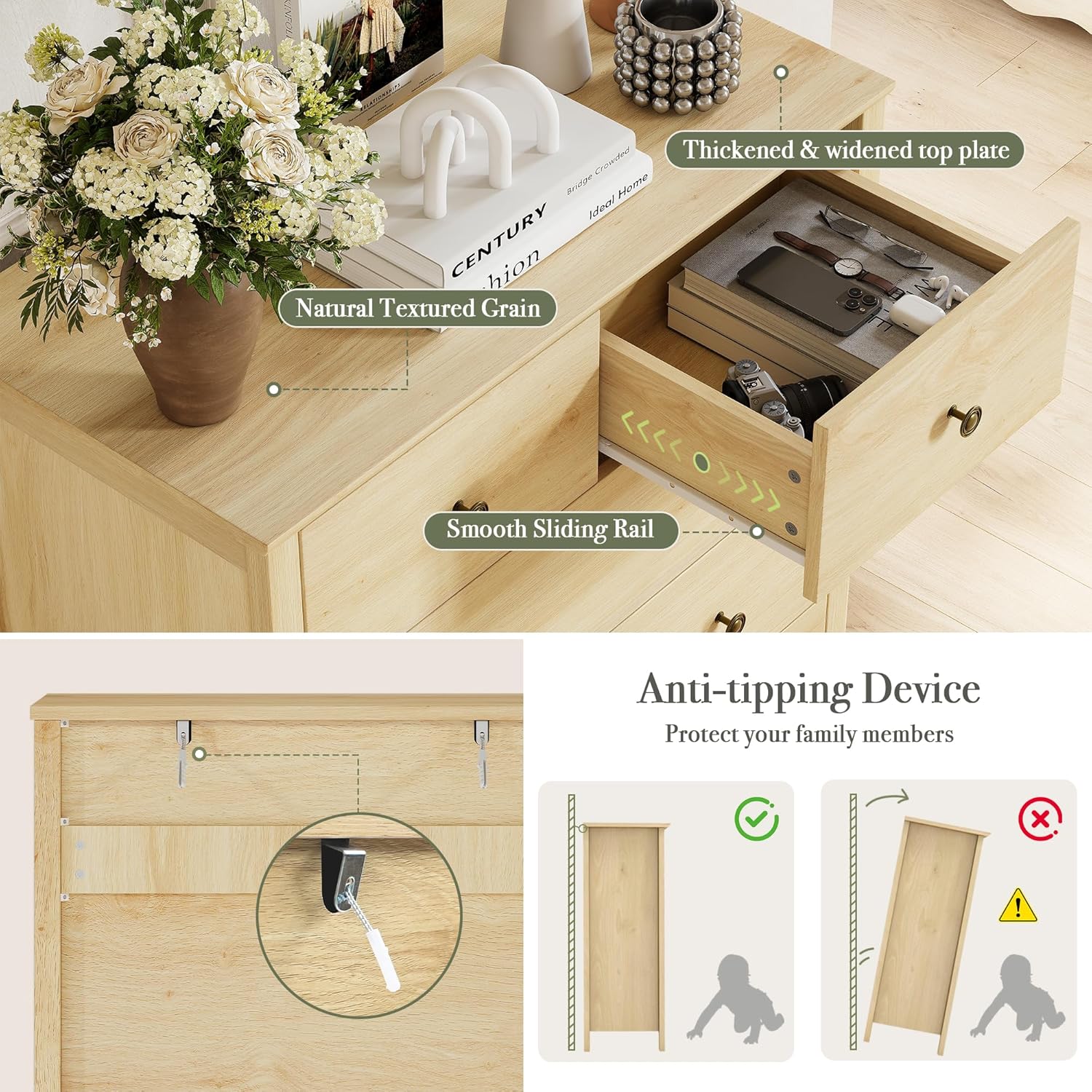 CHYMSUN Dresser for Bedroom with 6 Drawers, 44” Tall Modern Wood Dresser Chest of Drawers with Metal Handle, Farmhouse Natural Solid Wooden Dressers Organizer for Living Room, Hallway