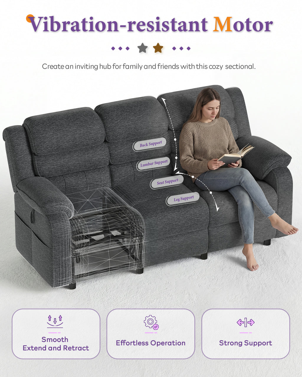 TYBOATLE Power Recliner Sofa, 3 Seater Electric Reclining Sofa with Dual Motors and Remote Control, Chenille Recliner Couch w/ Side Pockets for Living Room, RV, Game Room, Home Theater, 76.5" Wide (Grey)