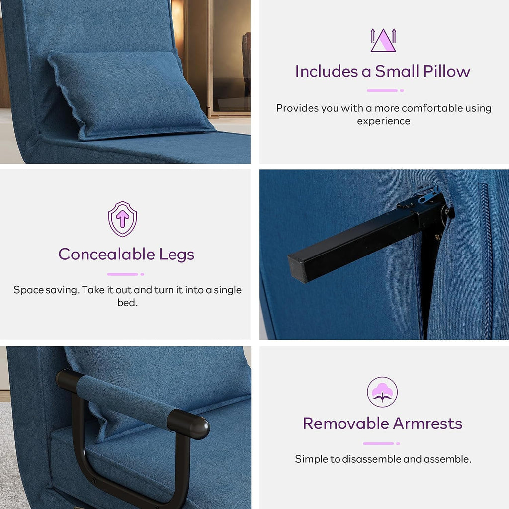 TYBOATLE Sleep Chair Bed, Folding Sleeper Chairs for Adults (Azure Blue) Comfy, Cozy, Convertible, 5 in 1, Adjustable Backrest, Side Pockets, Pillow, Small Spaces, Office, Dorm