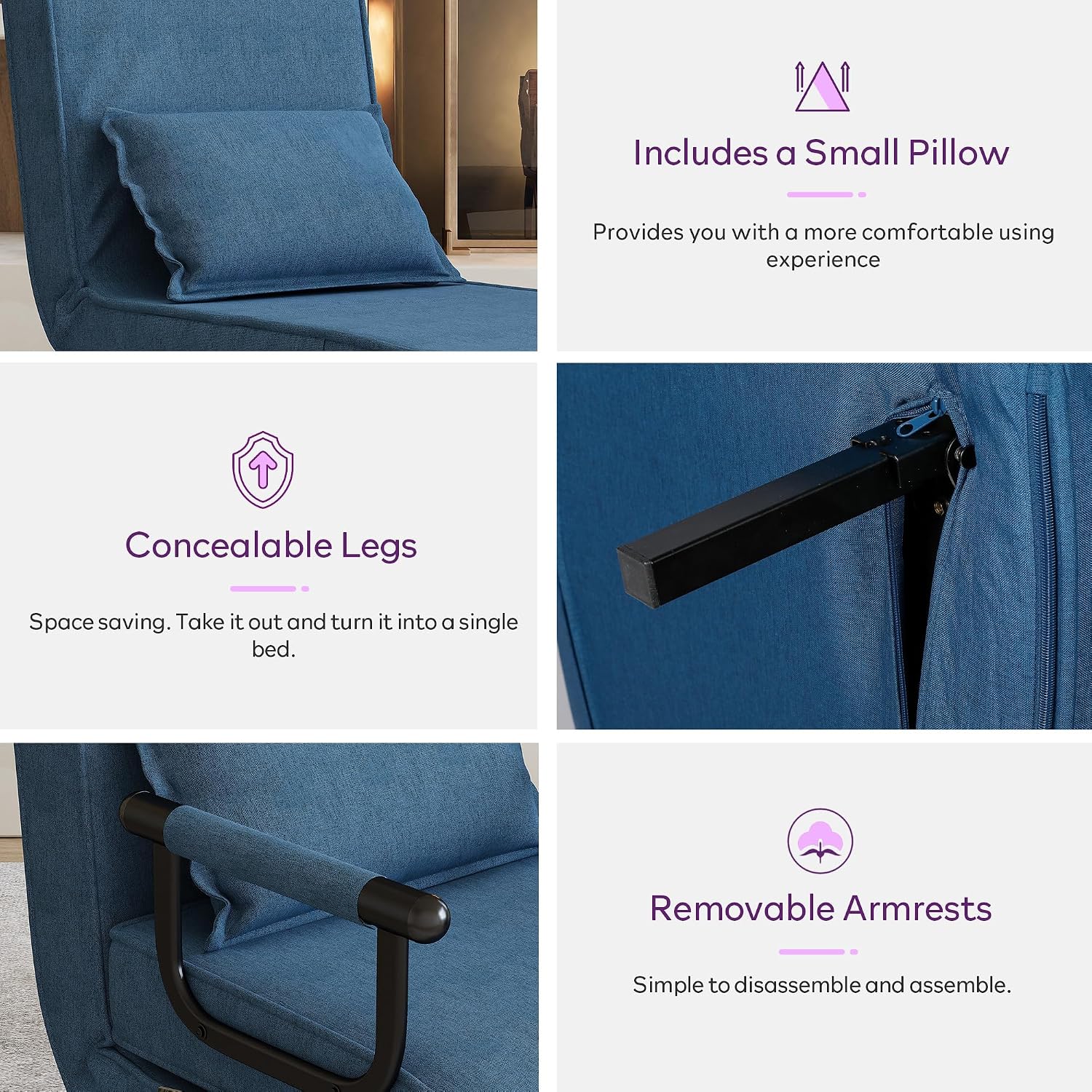 TYBOATLE Sleep Chair Bed, Folding Sleeper Chairs for Adults (Azure Blue) Comfy, Cozy, Convertible, 5 in 1, Adjustable Backrest, Side Pockets, Pillow, Small Spaces, Office, Dorm