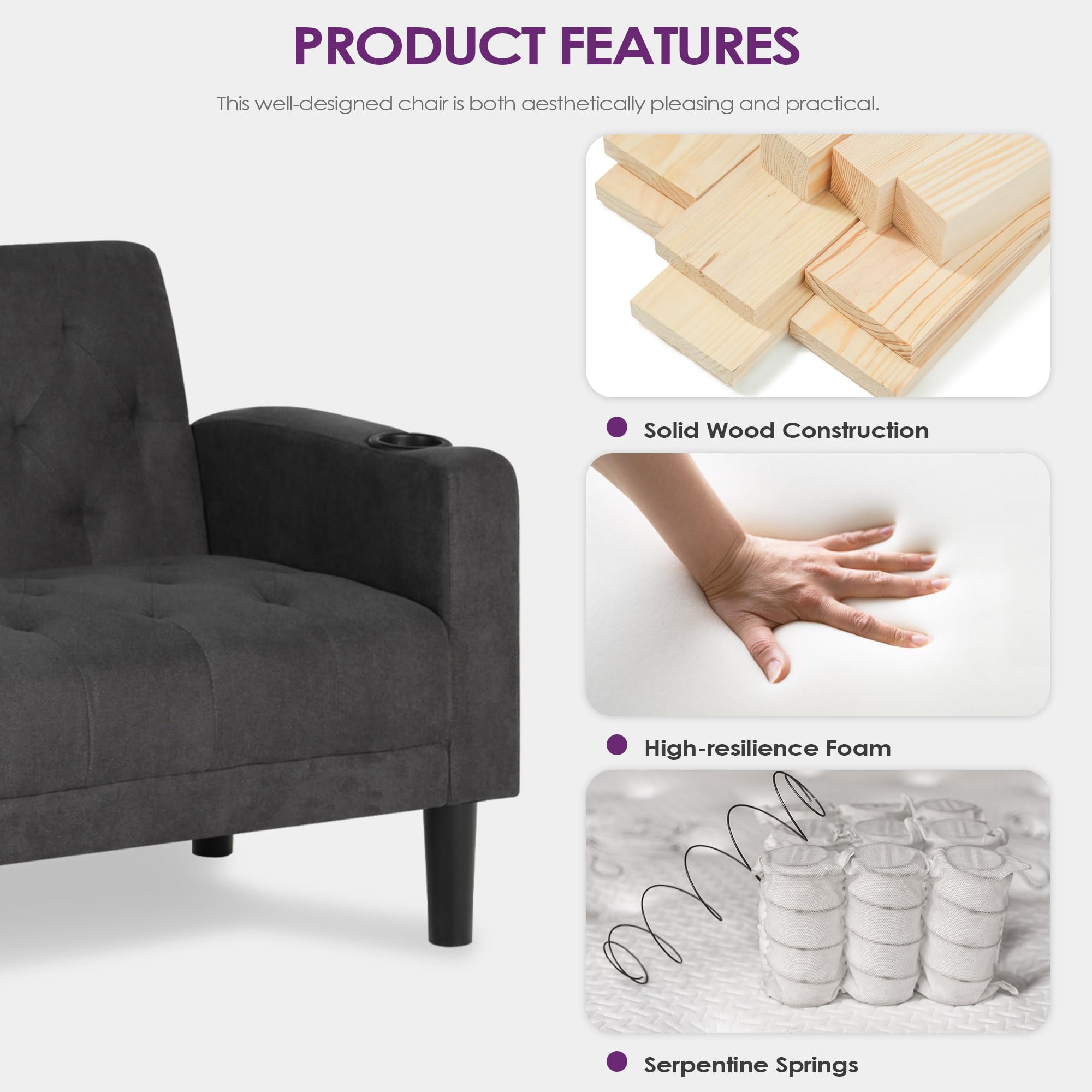 TYBOATLE 62" W Loveseat Sofa w/ 2 USB Charger Ports and 2 Cupholders, Mid-Century Modern Tufted Linen Fabric Small Love Seat Couches for Compact Living Room, Bedroom, Apartment, Dorm (1, Dark Grey)