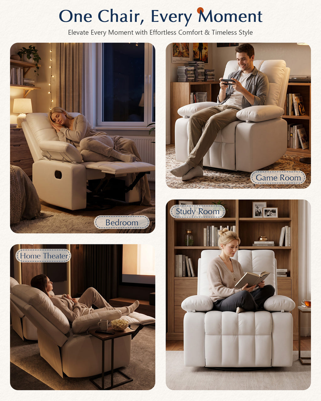 AODAILIHB  Recliner Chair w/Adjustable Armrests for Adults 360° Swivel, 30° Rocker, 135° Recline, Comfy White Leather Nursing Reclining Sofa Chair for Living Room, RV