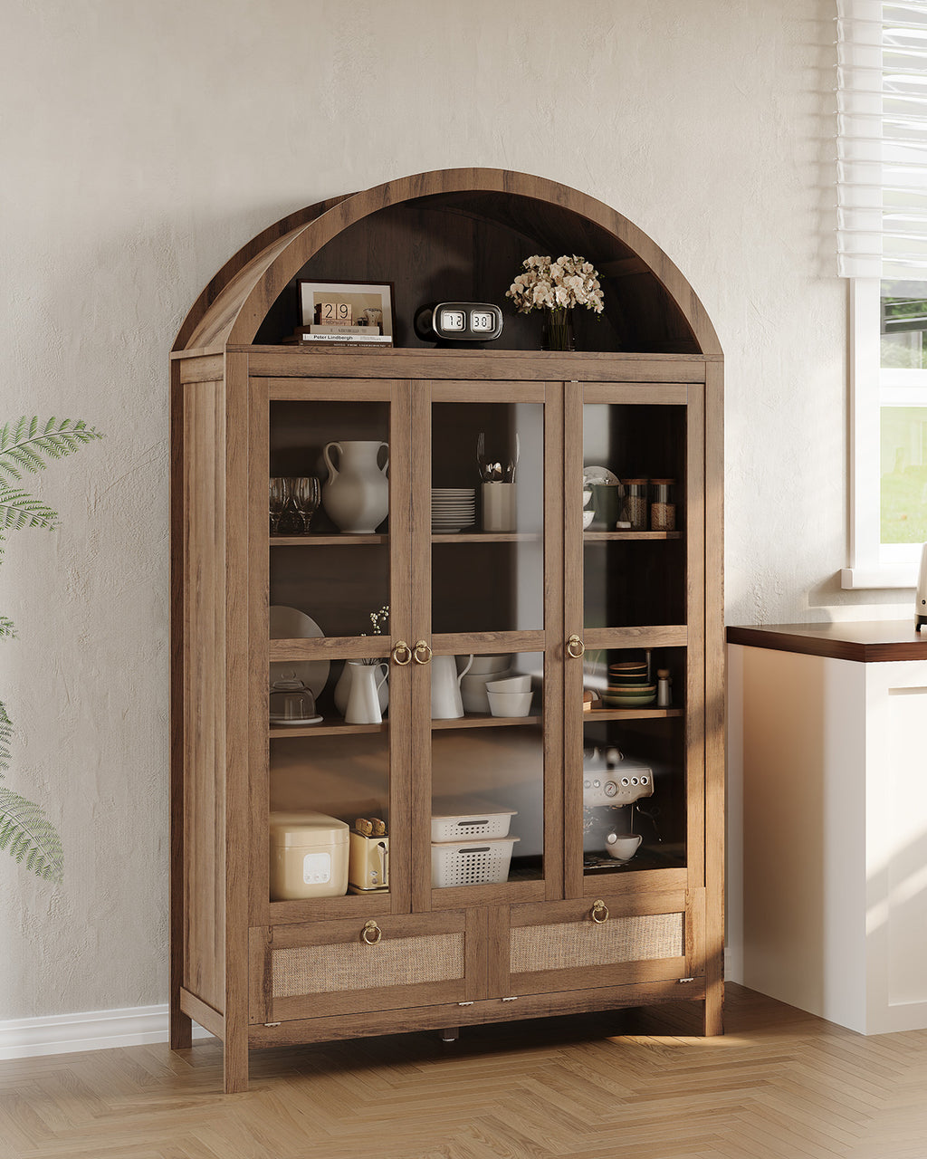 TYBOATLE 75'' Arched Cabinet Classic Farmhouse Design w/Three Glass Doors, Arch Cabinet w/Rattan Drawers and Anti-Tipping Device, Versatile Cupboard for Kitchen, Bathroom, Natural