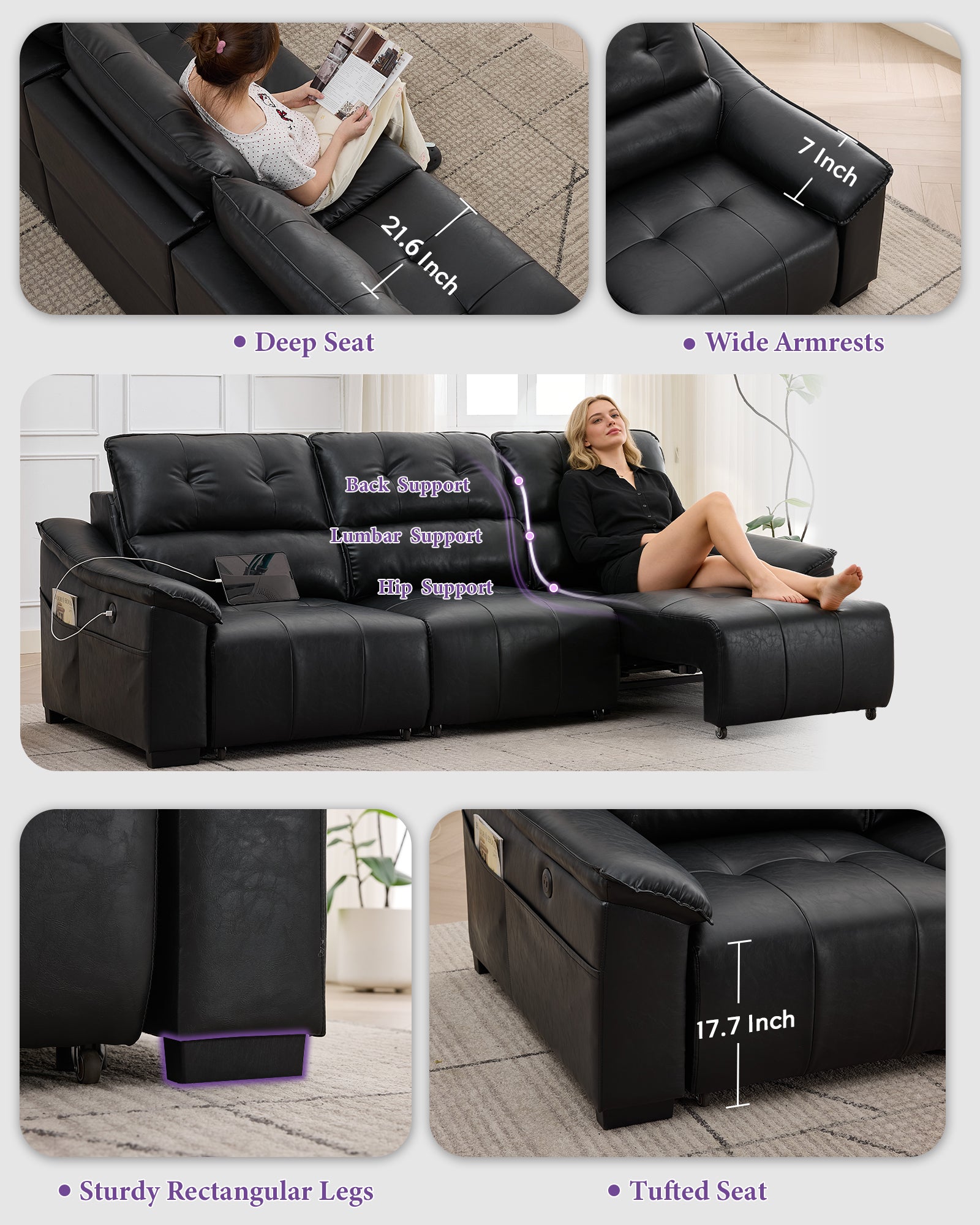 TYBOATLE Electric Reclining Sectional Couch, Power Recliner Sofa w/USB & Type-C Charging Ports and Cup Holders, Leather Reclining Sofa for Living Room, Home Theater (Black)