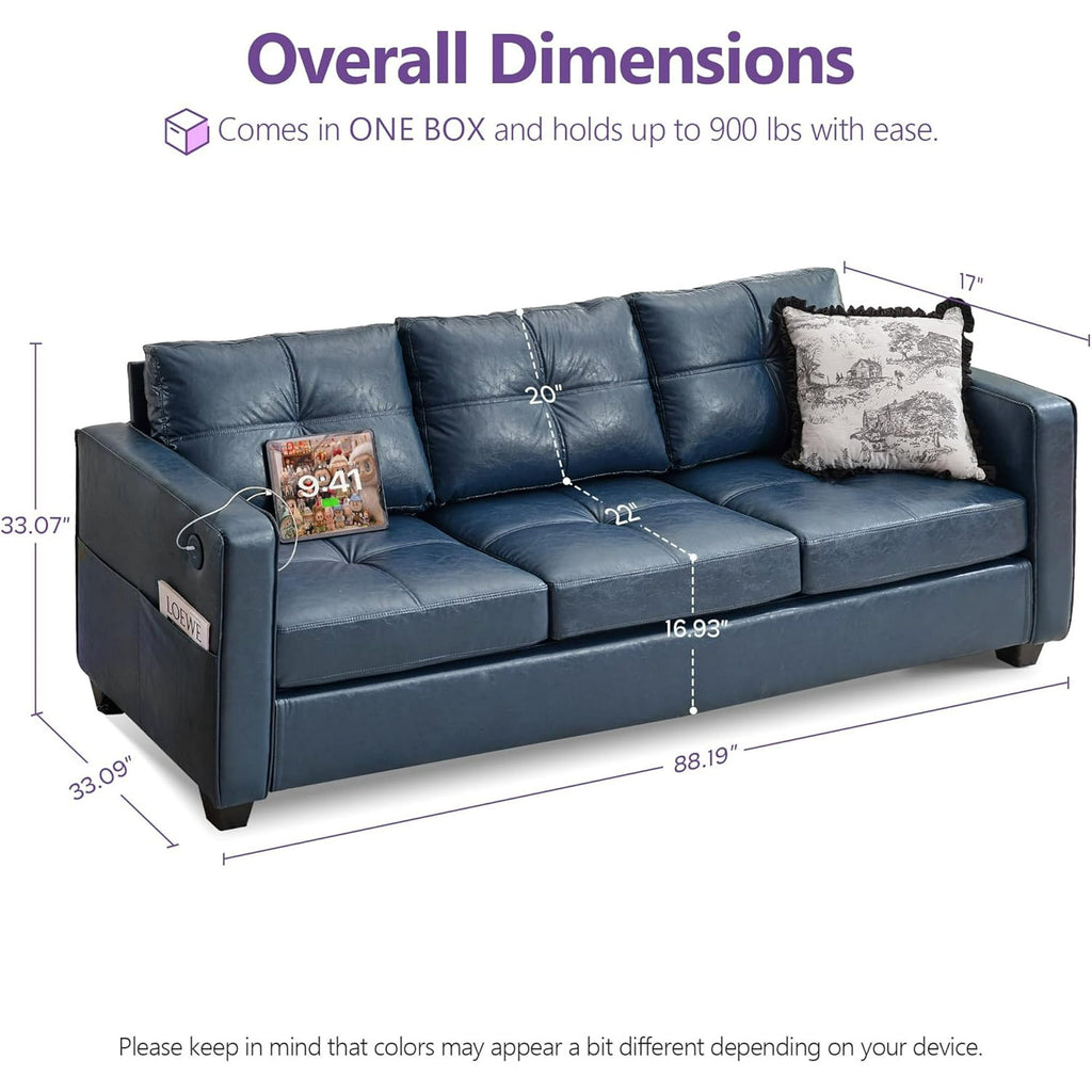 LAZZO 80" Couch with USB Ports and Side Pockets, 3-Seater Faux Leather Sofa for Living Room and Office, Blue