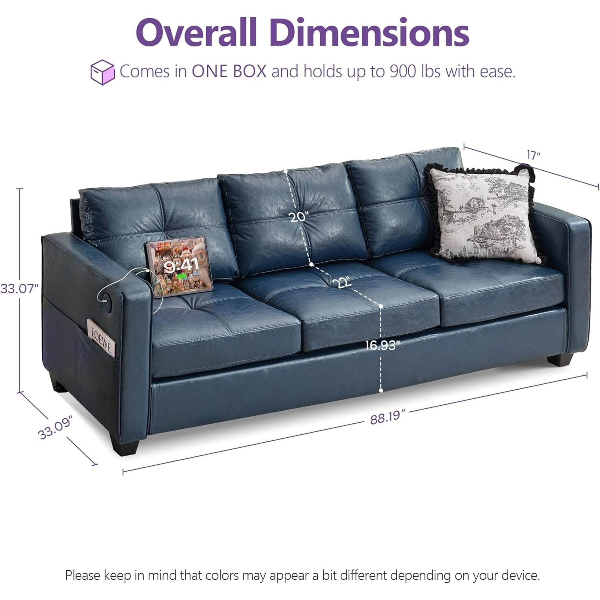 LAZZO 80" Couch with USB Ports and Side Pockets, 3-Seater Faux Leather Sofa for Living Room and Office, Blue