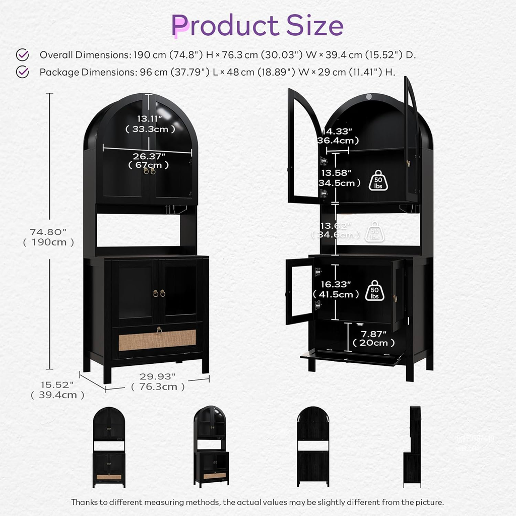 TYBOATLE 75’’ Tall Arched Pantry Cabinet w/Accessible Storage Area, China Cabinet w/Anti-Tipping Device and Innovative Drawer, Versatile Cupboard for Kitchen, Dining (Black)