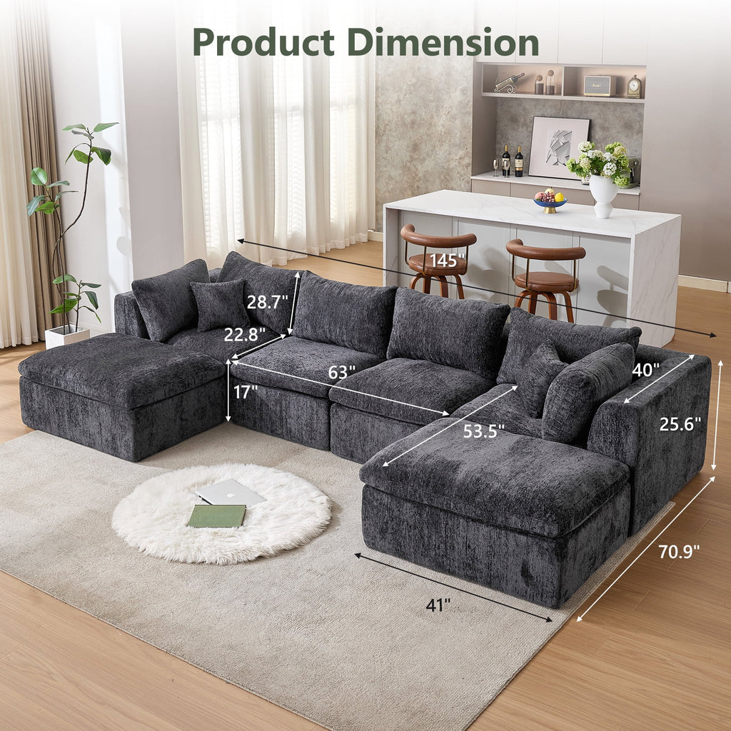 LAZZO 146" U-Shaped Cloud Sectional Sofa, Boneless Modular Couch with Ottoman & Memory Foam, Oversized Comfy Sofa for Living Room, Gray