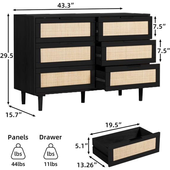 LAZZO 6-Drawer Rattan Dresser, Modern Chest of Drawers, Wooden Storage Organizer for Bedroom, Living Room & Hallway, Black