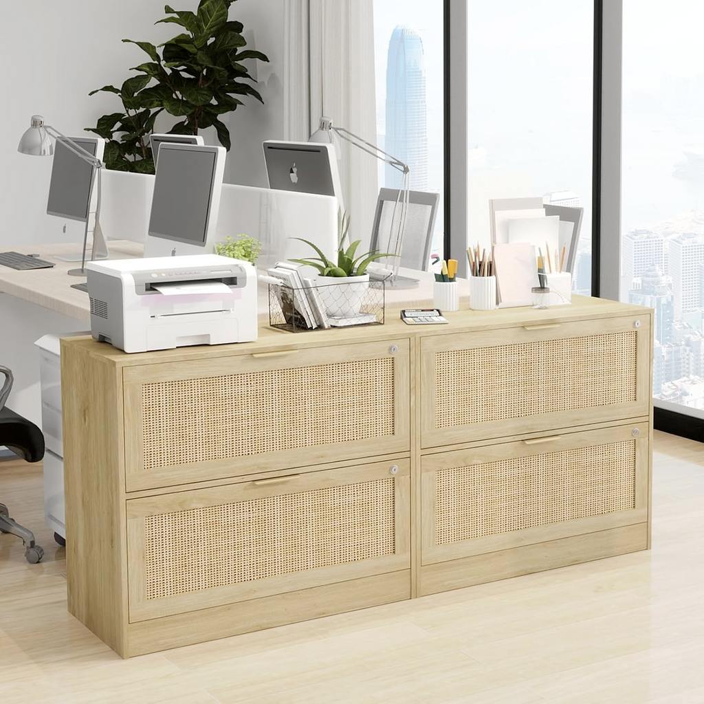 HOPUBUY 2 Drawer File Cabinet with Lock, Printer Stand Lateral Filing Cabinets for Home Office and School, Wood Rattan File Cabinet for Hanging Files/Letter/Legal/A4/F4 Size, Oak
