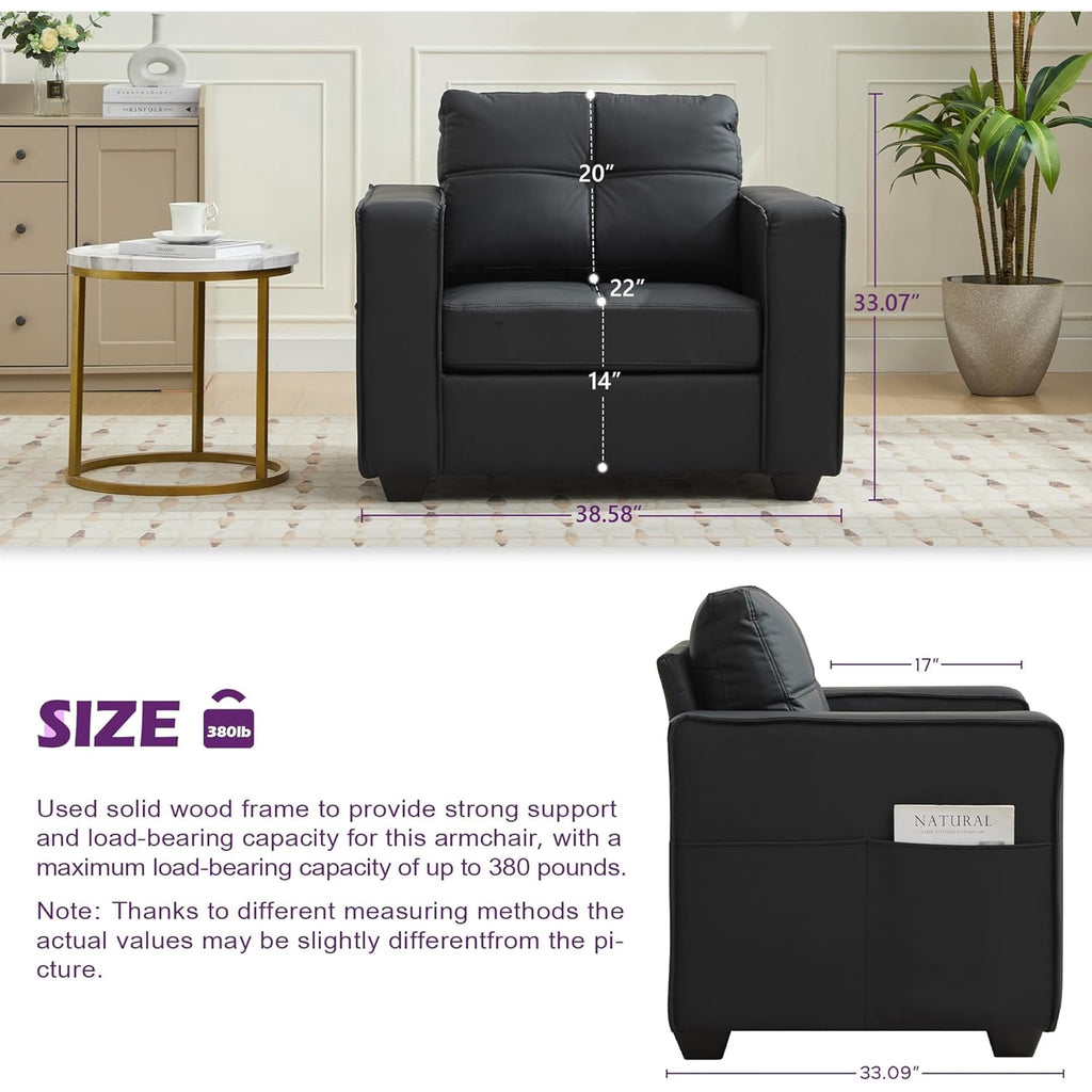 LAZZO Mid-Century Modern Tufted Accent Chair, Oversized Comfy Faux Leather Armchair with Wide Arms for Living Room Bedroom Office Lobby, Black