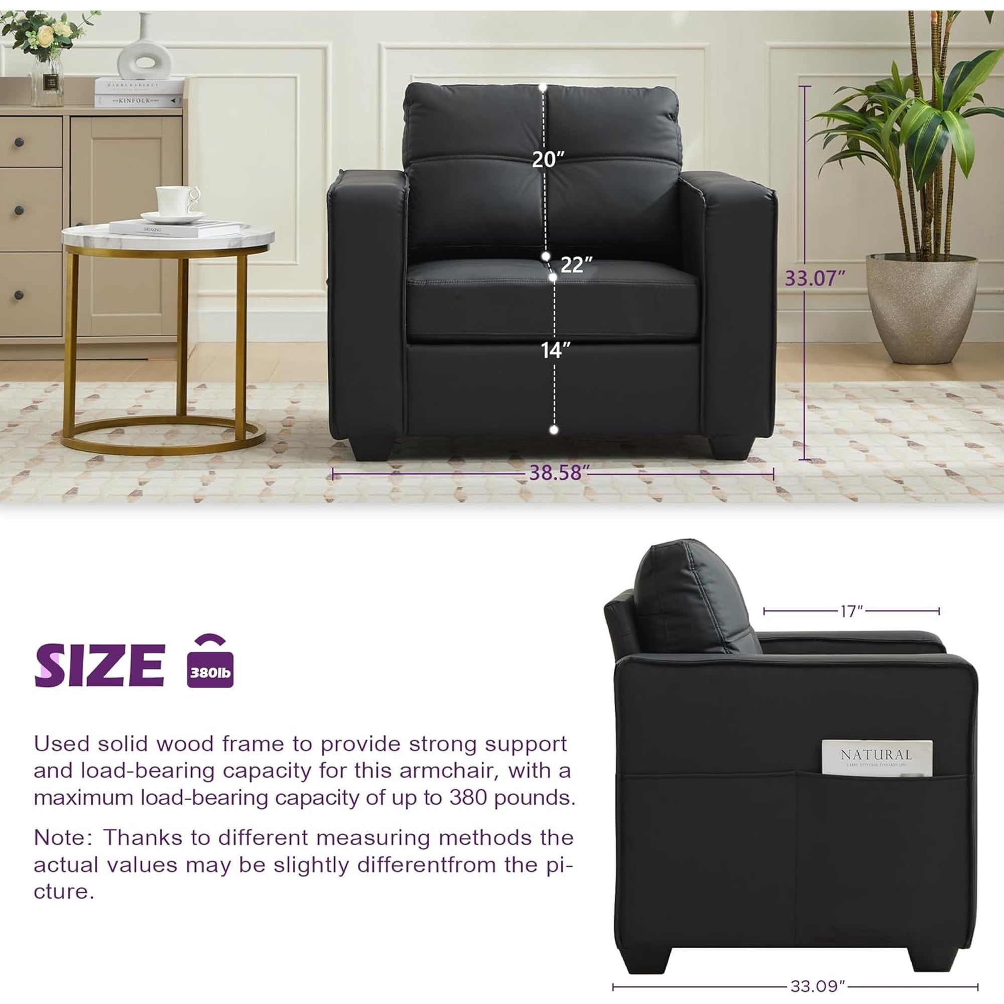 LAZZO Mid-Century Modern Tufted Accent Chair, Oversized Comfy Faux Leather Armchair with Wide Arms for Living Room Bedroom Office Lobby, Black