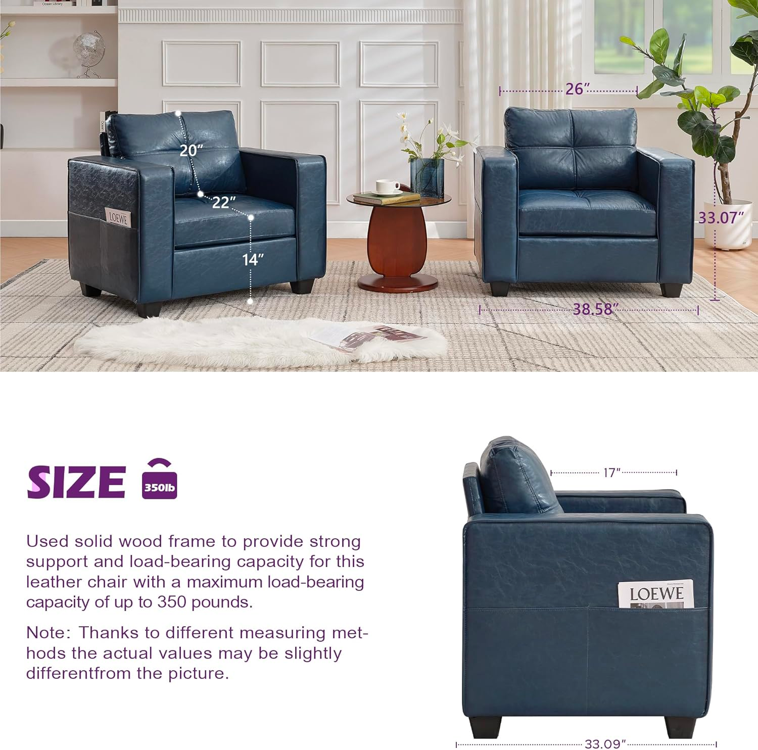 TYBOATLE Leather Chairs w/Side Pockets, Comfy Blue Faux Leather Accent Chair, Oversized Chairs w/Tufted Design, Mid Century Modern Reading Chair, Wider Armchair for Office, Bedroom, Lobby (2, Blue)