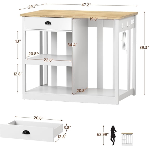 LAZZO 47.2" Farmhouse Kitchen Island with Storage, Fridge Space and Power Outlets for Small Spaces, White