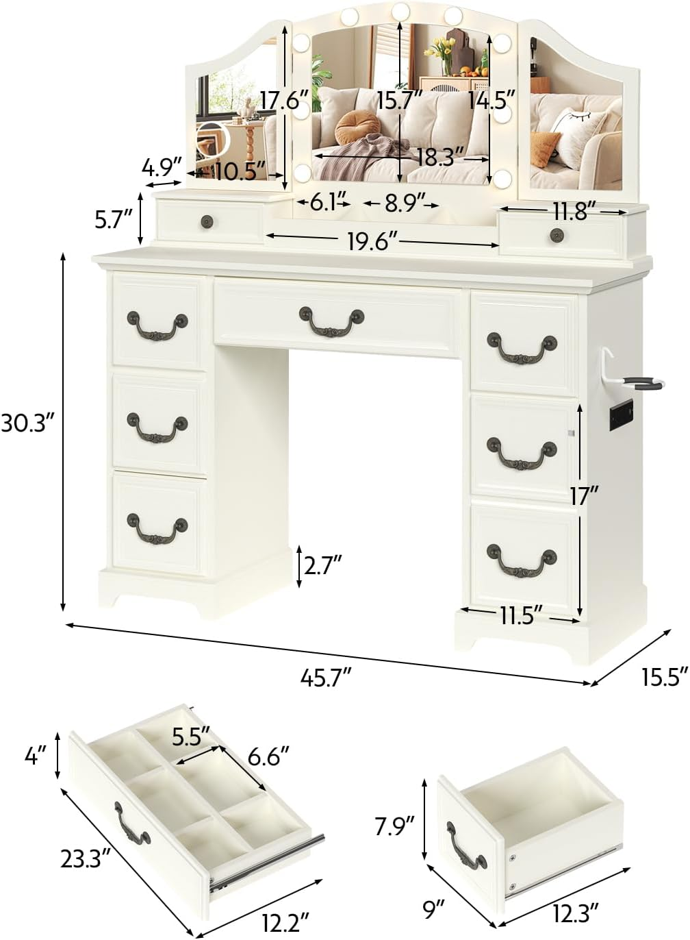 HOPUBUY Vanity Desk with Mirrors and Lights,Farmhouse Makeup Vanity with 7 Storage Drawers&Power Outlets,3 Dimmable Light Colors White Dressing Table with Magnifying Mirror for Bedroom, Dressing Room