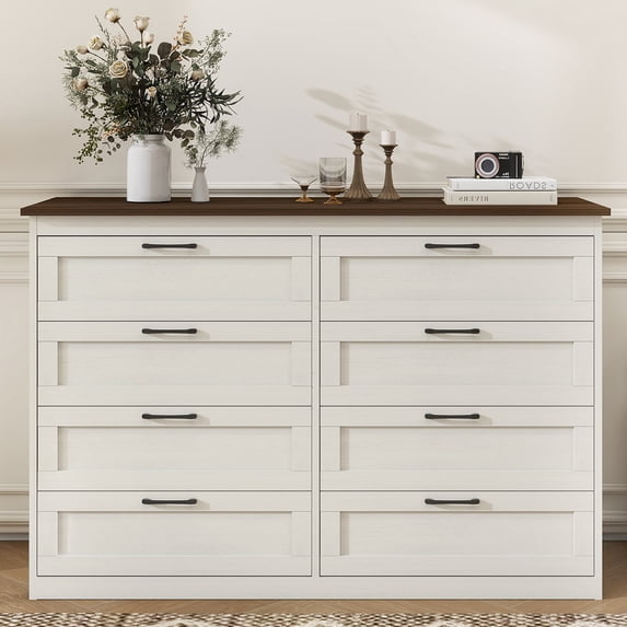 LAZZO 8-Drawer Dresser, Farmhouse Rustic Wood Chest of Drawers, Wide Storage Organizer for Bedroom, Living Room, Entryway, White