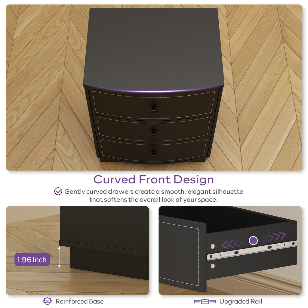 TYBOATLE Black Nightstand, Modern Curved 3 Drawers Bedside Table with Sturdy Base, Wooden Night Stand with Leather Storage Drawer for Bedroom (1)