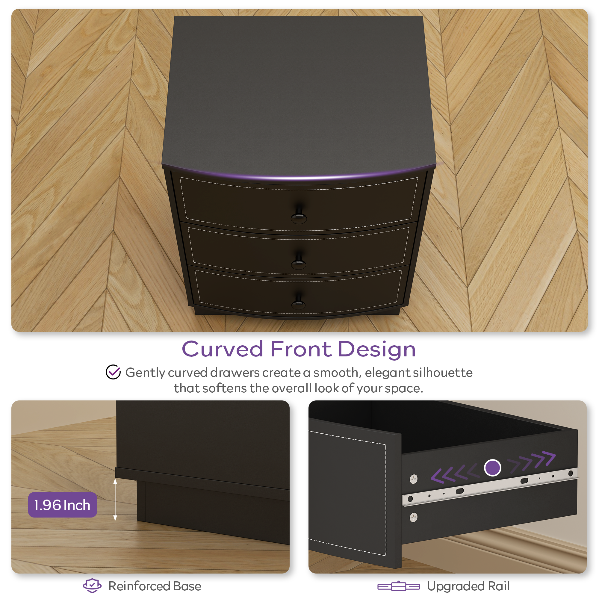 TYBOATLE Black Nightstand, Modern Curved 3 Drawers Bedside Table with Sturdy Base, Wooden Night Stand with Leather Storage Drawer for Bedroom (1)