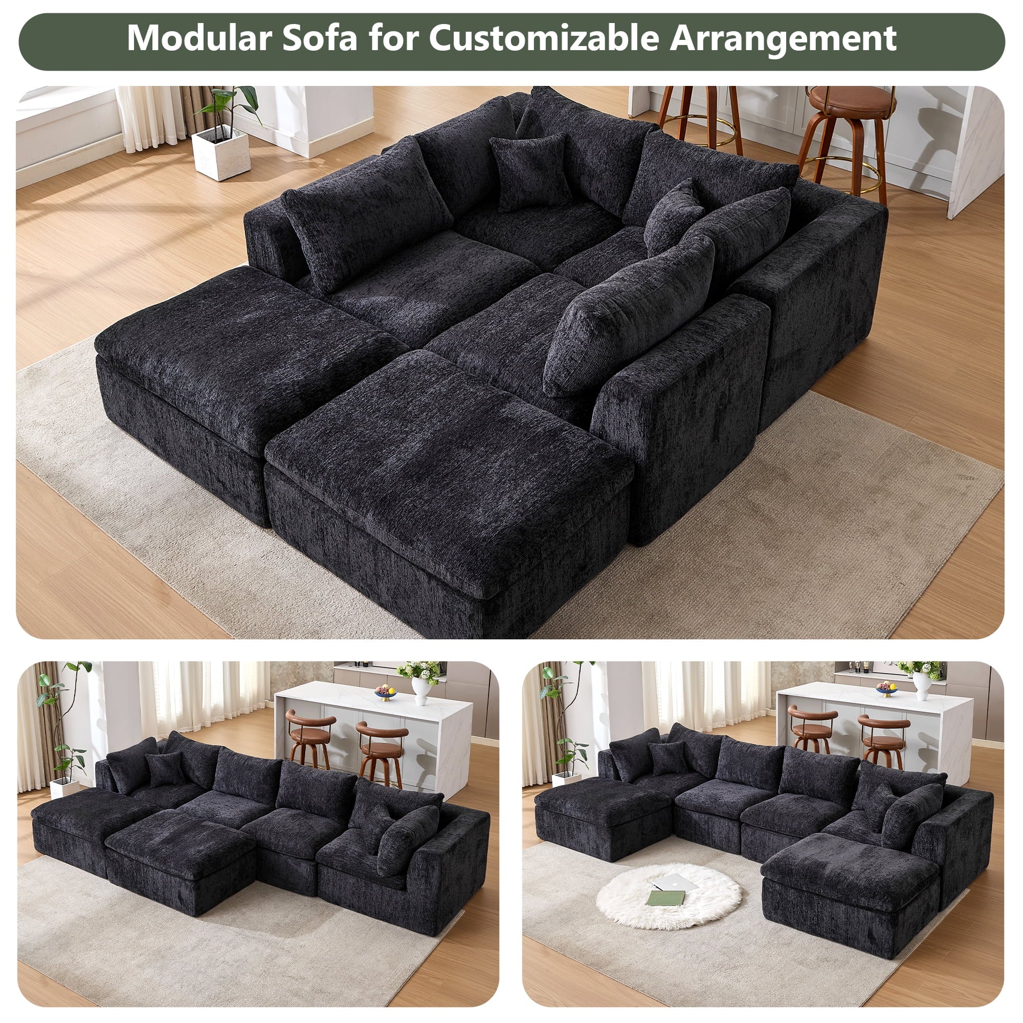 LAZZO 146" U-Shaped Cloud Sectional Sofa, Boneless Modular Couch with Ottoman & Memory Foam, Oversized Comfy Sofa for Living Room, Black