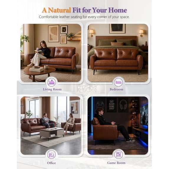 LAZZO 61“ Loveseat Sofa, Tufted Faux Leather 2-Seater Couch for Small Spaces, Brown