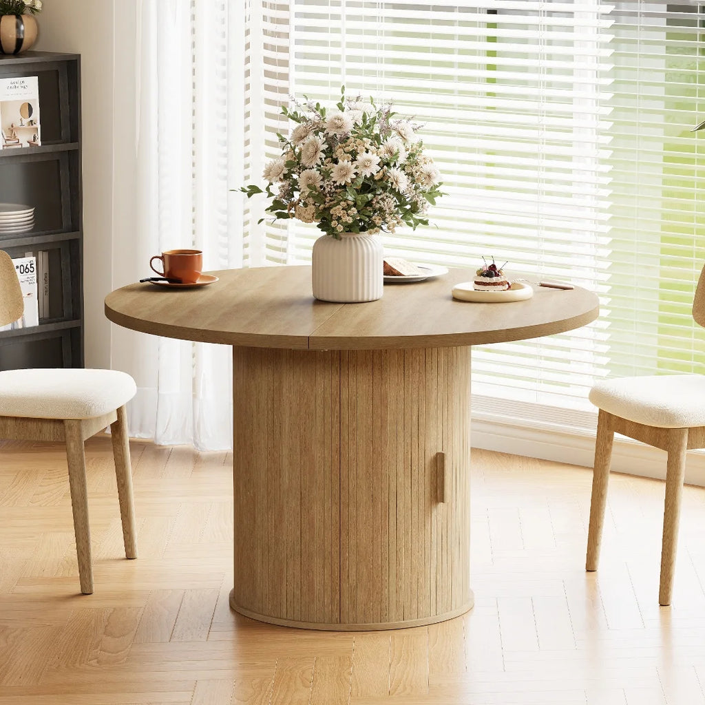 LAZZO 47" Round Dining Table with Storage, Modern Fluted Side Shelf, Seats 4-6 for Kitchen Dining Room, Natural Wood Color