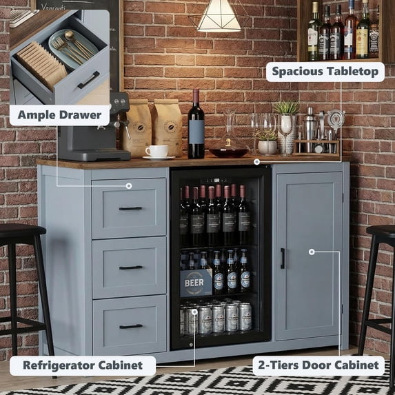 LAZZO 52" Bar Cabinet with Mini Fridge Space, Power Outlet, Drawer and Adjustable Shelves for Kitchen and Dining Room, Blue