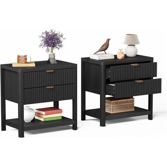 LAZZO Nightstands Set of 2, Modern Wooden Nightstand with 2 Drawers & Open Storage Shelf for Bedroom, Black