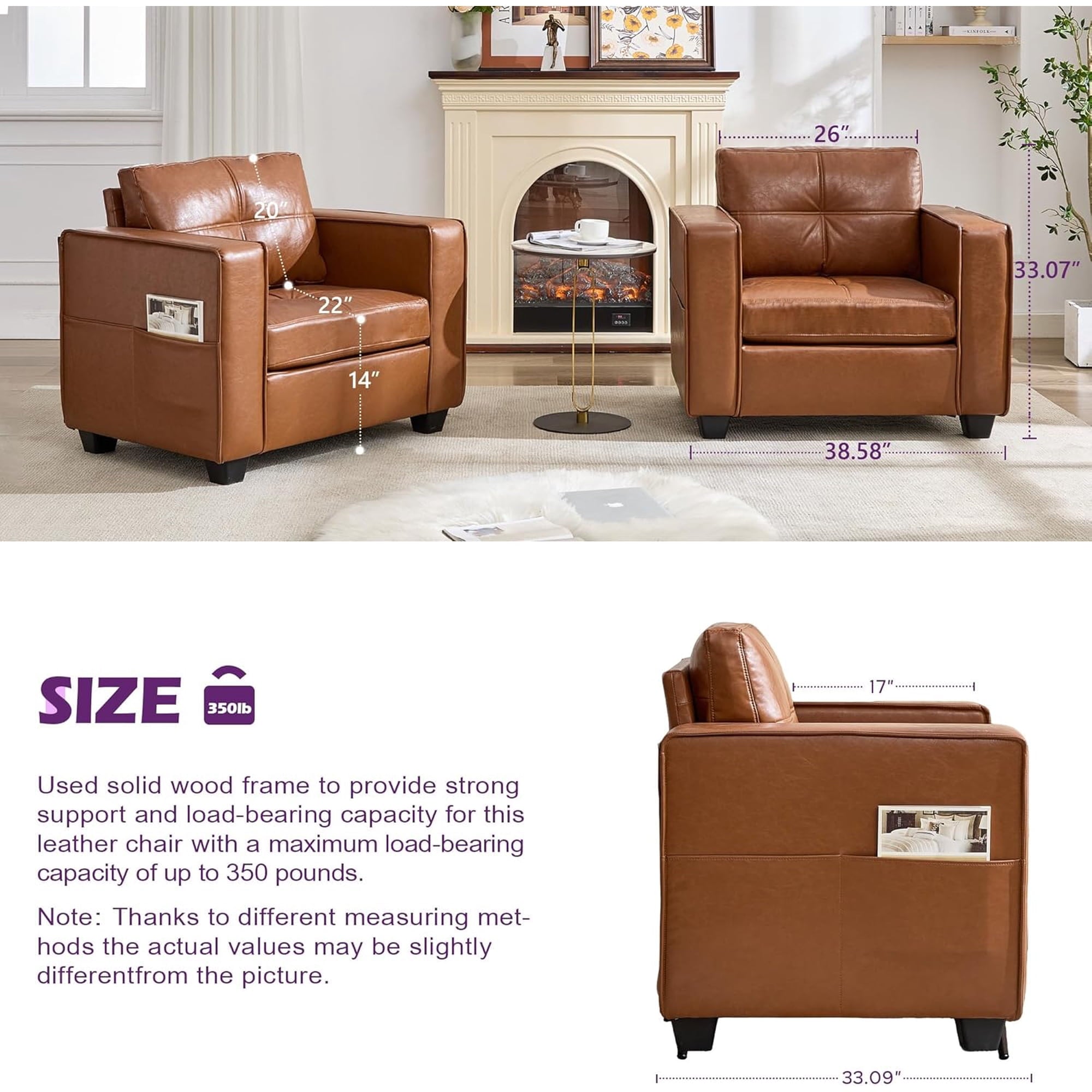 LAZZO Mid-Century Modern Tufted Accent Chair, Oversized Comfy Faux Leather Armchair with Wide Arms for Living Room Bedroom Office Lobby, Brown