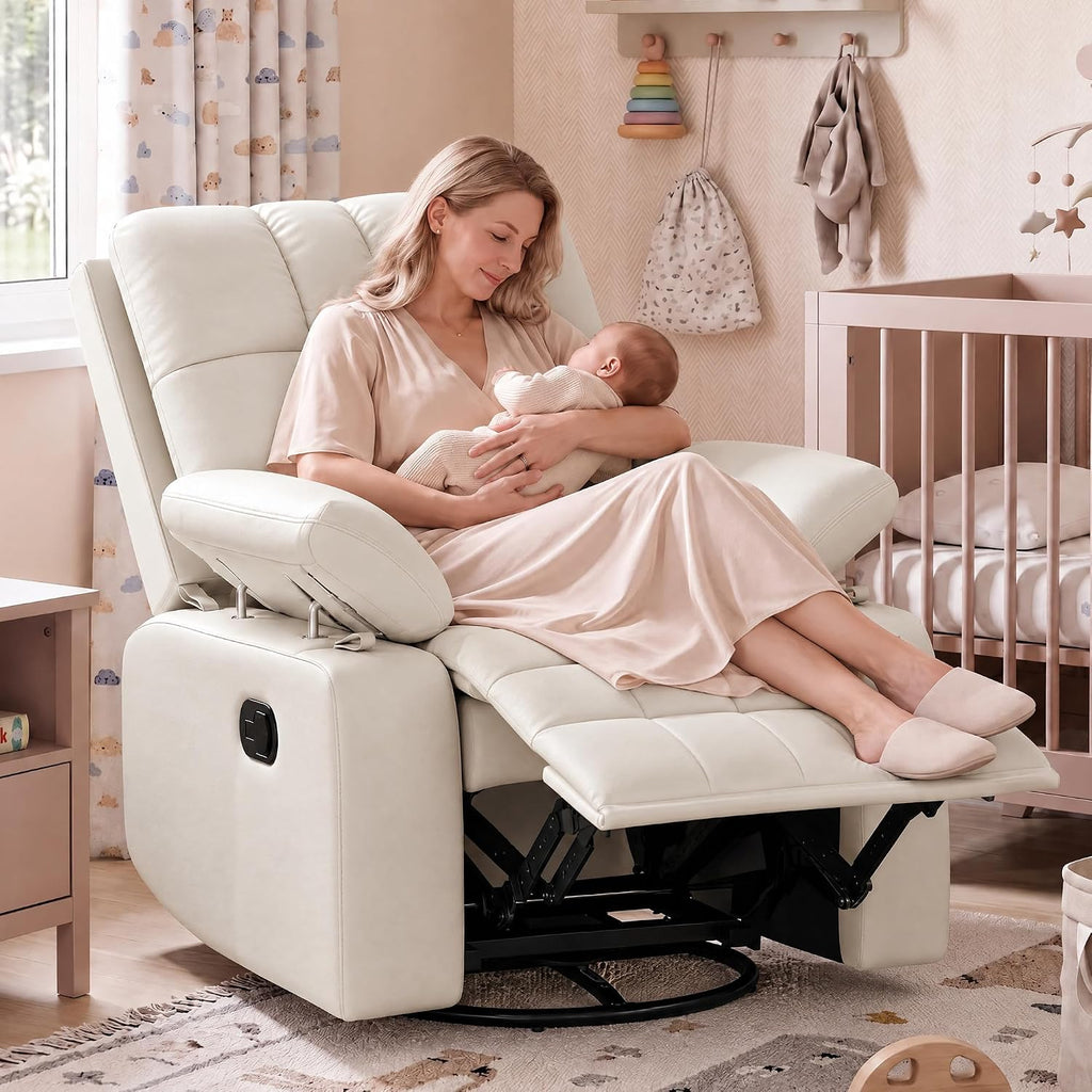 HOPUBUY Manual Nursery Rocking Recliner with Adjustable Armrests, White 360° Swivel Glider, 0–90° Foldable Armrests, Built-in Footrest, Modern 135° Reclining Chair for Nursing Breastfeeding Bedroom