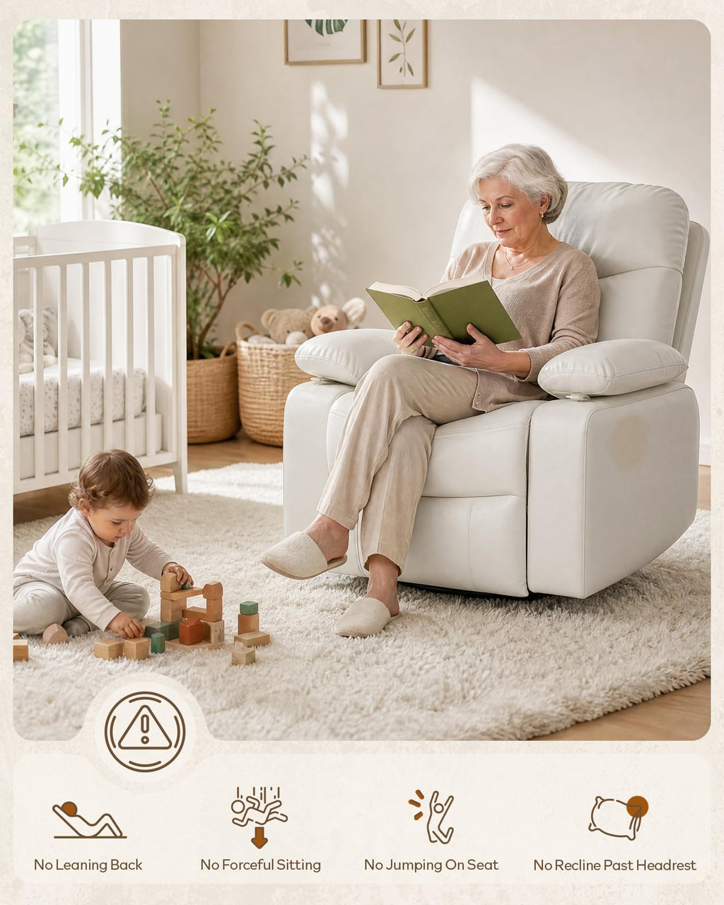 AILEEKISS Nursery Glider Rocking Recliner with Adjustable Armrests, White Comfortable Nursing Chair for Breastfeeding Moms, 360°Swivel, 110°-135° Recline, Quiet Rocker Nursery for Living Room