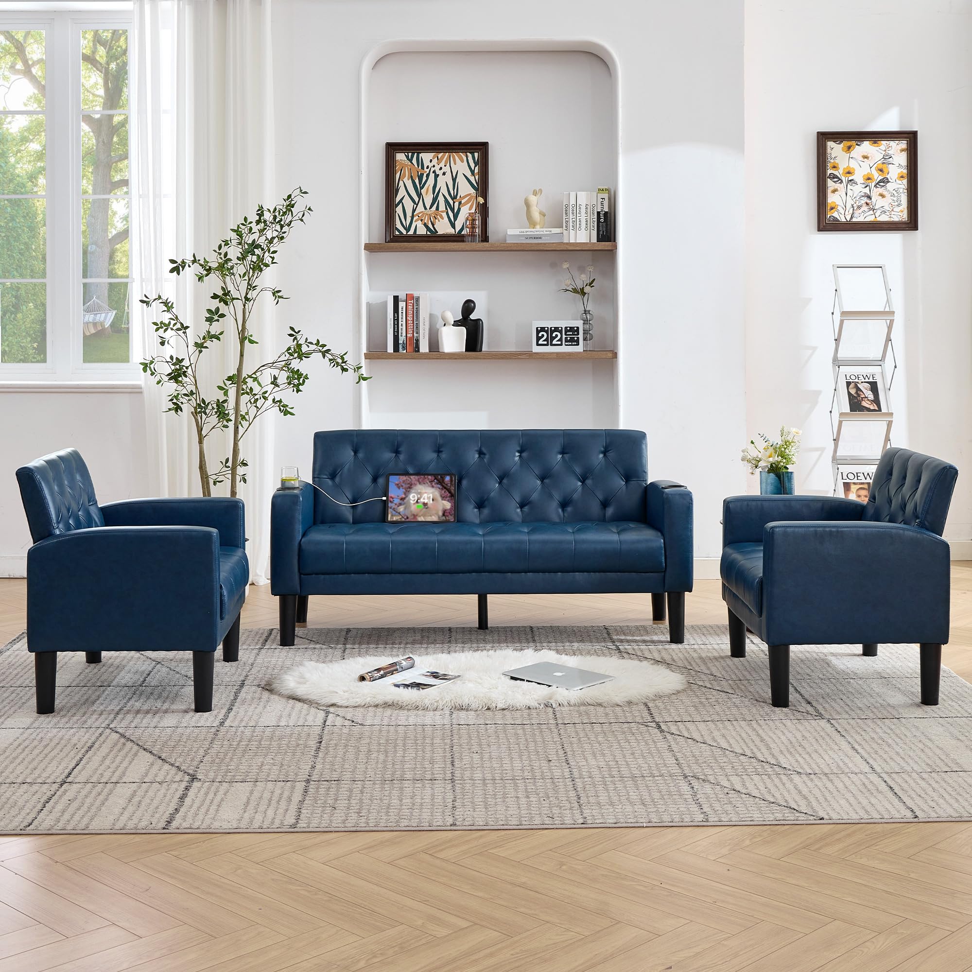 Blue 3-Piece Loveseat Sofa Set with 2 Chairs and USB, Living Room Furniture