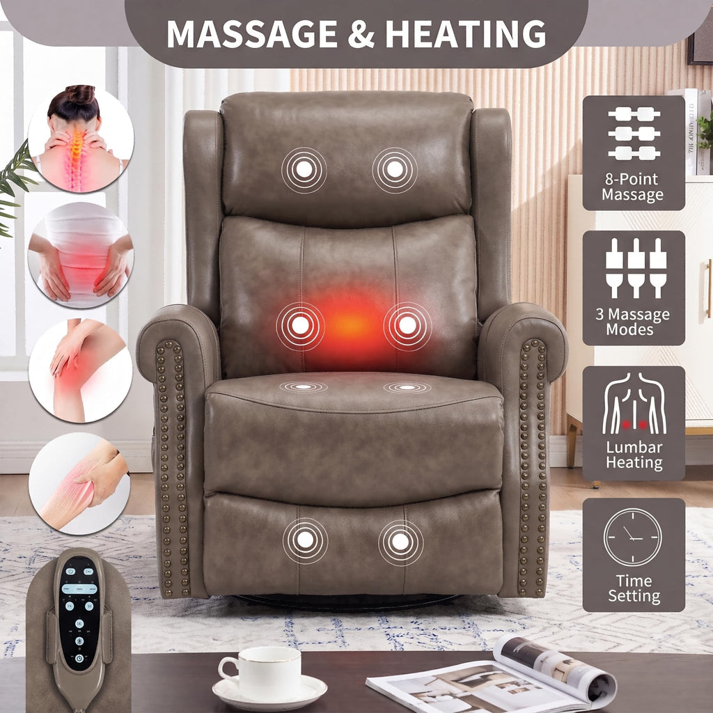 HOPUBUY Vintage Genuine Leather Recliner Chair,Luxury Executive Office,Taupe Brown 360° Swivel Glider, 8‑Point Vibration Massage Lumbar Heat, 155° Push‑Back Recliner,Business Lounge for Home and Study
