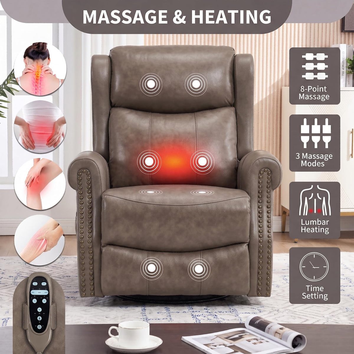 HOPUBUY Vintage Genuine Leather Recliner Chair,Luxury Executive Office,Taupe Brown 360° Swivel Glider, 8‑Point Vibration Massage Lumbar Heat, 155° Push‑Back Recliner,Business Lounge for Home and Study