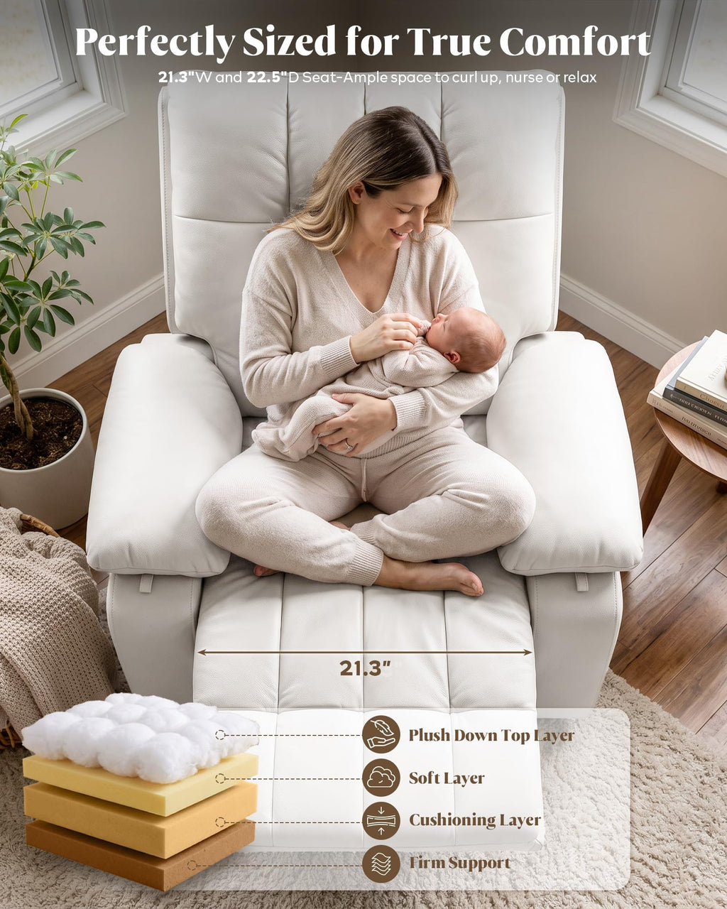 AILEEKISS  Manual Nursery Rocking Chair w/Adjustable Armrests,White Modern Upholstered Nursing Recliner with 360° Swivel Glider & Quiet Rocking for Breastfeeding Bedroom Living Room