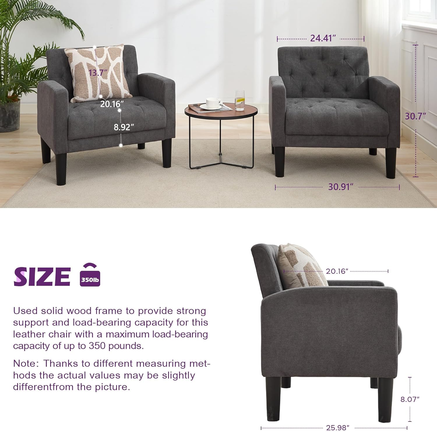 TYBOATLE Accent Chairs Set of 2, Mid Century Modern Upholstered Tufted Living Room Chair for Bedroom, Armchair for Waiting Room, Reading Chair for Office, Grey