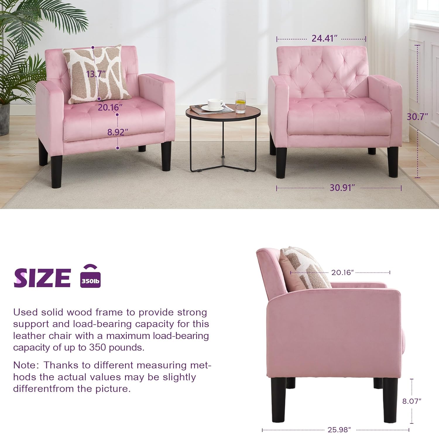 TYBOATLE Accent Chairs Set of 2, Mid Century Modern Upholstered Tufted Living Room Chair for Bedroom, Armchair Single Sofa,Reading Lounging Side Lounge Office Chair (Pink)