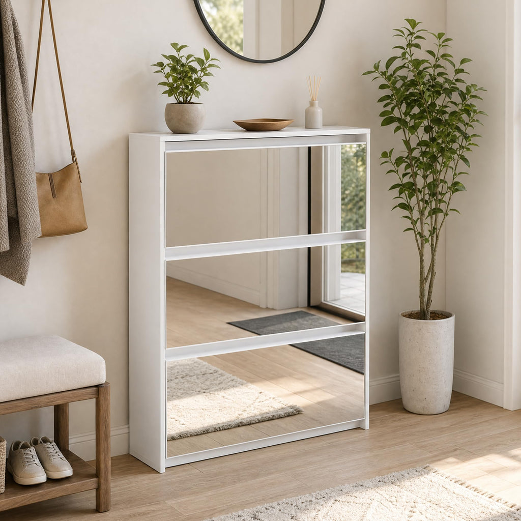 HOPUBUY Shoe Cabinet for Entryway, Narrow Shoe Storage with 3 Flip Drawers Wood Slim Shoe Rack, 3 Tier Thin Shoe Organizer for Home and Apartment, Mirror