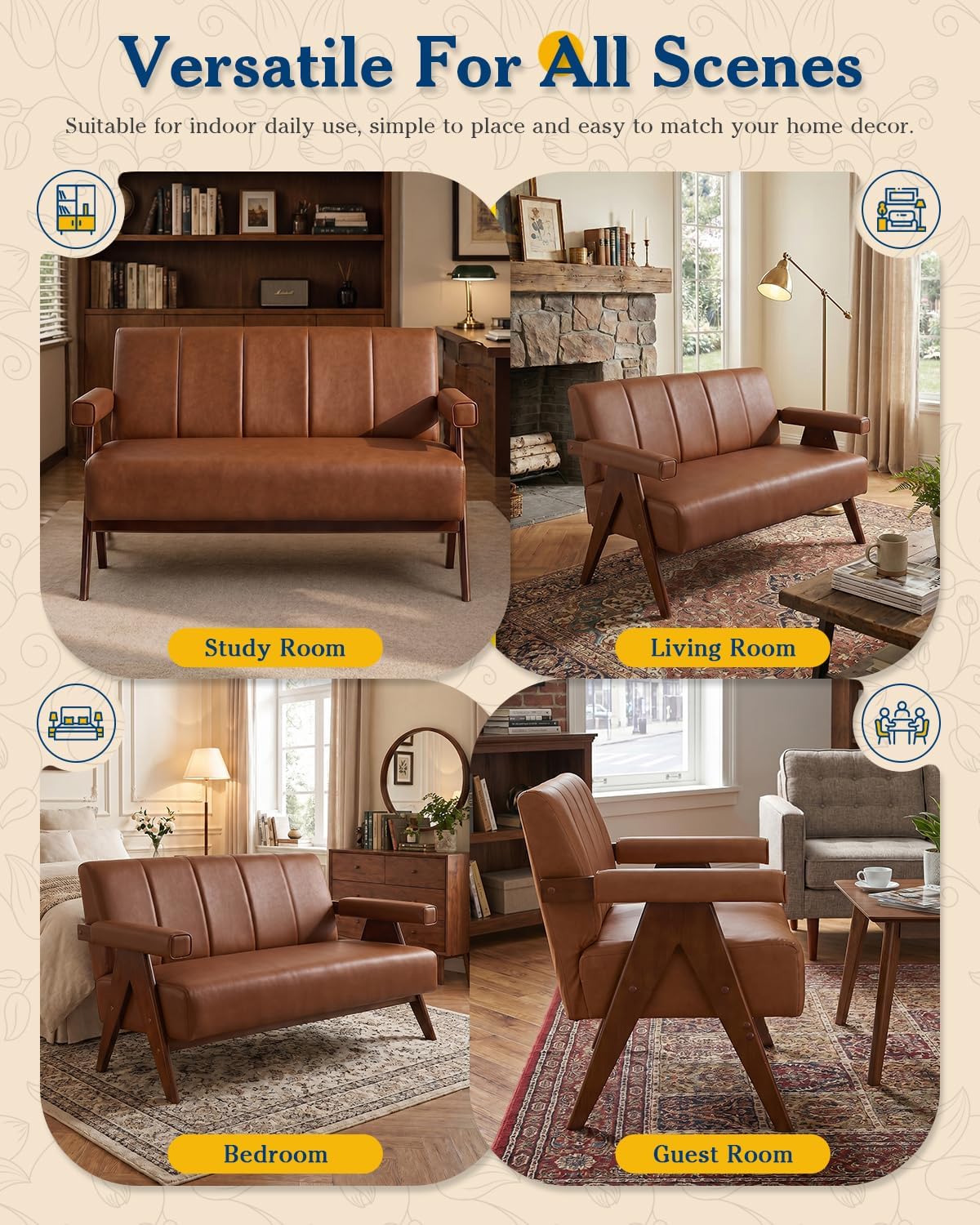 Mid Century Modern Brown Faux Leather Living Room Furniture Set of 2 AODAILIHB Solid Wood Frame Upholstered Office Couch & Accent Chair With Wooden Arm For Waiting Room,Bedroom,Dorm,Classroom