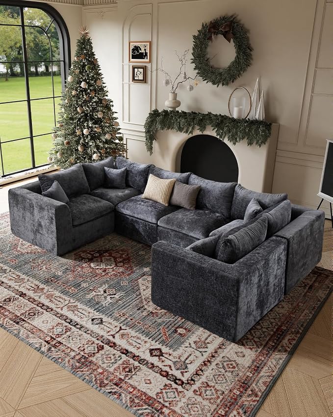 TYBOATLE 146'' Boneless Couch, U Shaped Cloud Sectional Modular Sofa, Dark Gray Modular Design, 35D High-Resilience Foam, 48" Deep Chaise, No Assembly, 1200 lb Capacity, Dark Gray