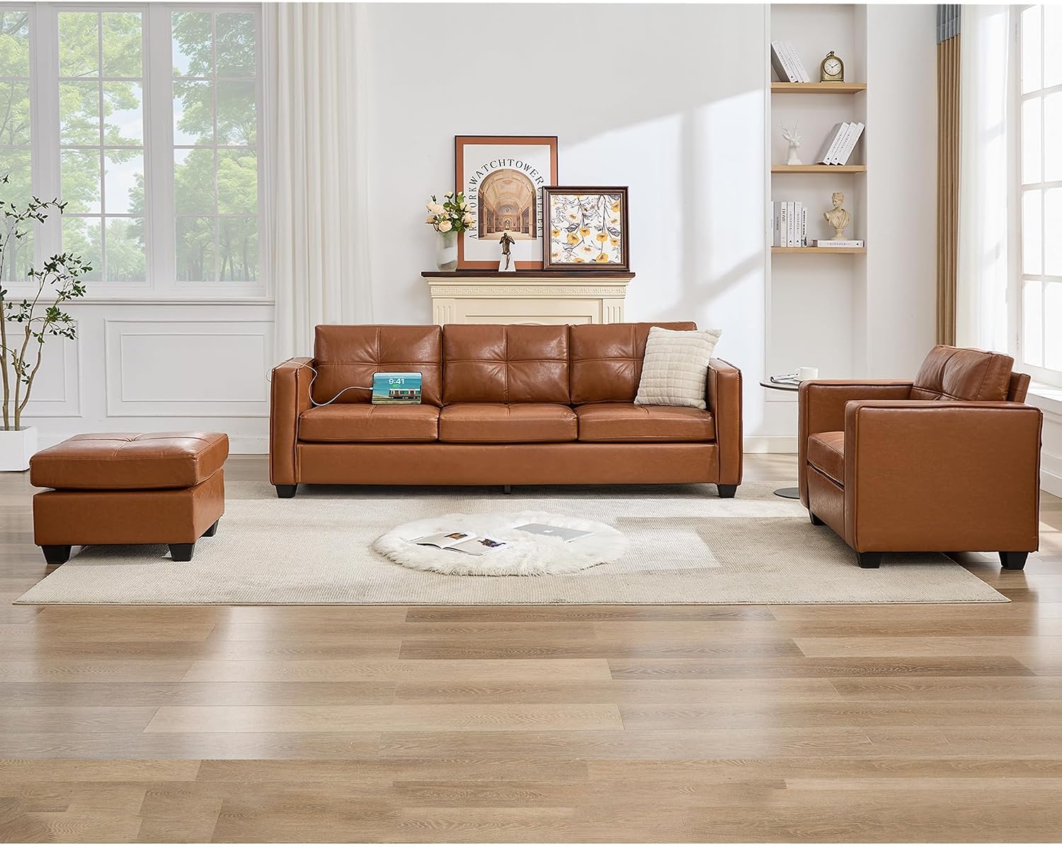 TYBOATLE Brown Leather 3-Piece Sofa Set with USB & Type-C, Living Room Couch, Sectional Couches, Comfy 3-Piece Living Room Furniture with Charging Ports, RV Office Apartment Bedroom, Brown