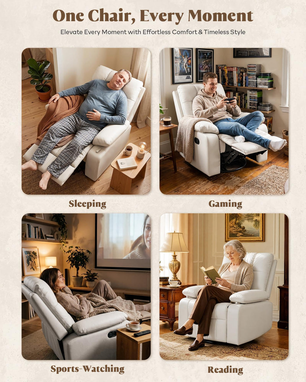 AILEEKISS  Manual Nursery Rocking Chair w/Adjustable Armrests,White Modern Upholstered Nursing Recliner with 360° Swivel Glider & Quiet Rocking for Breastfeeding Bedroom Living Room