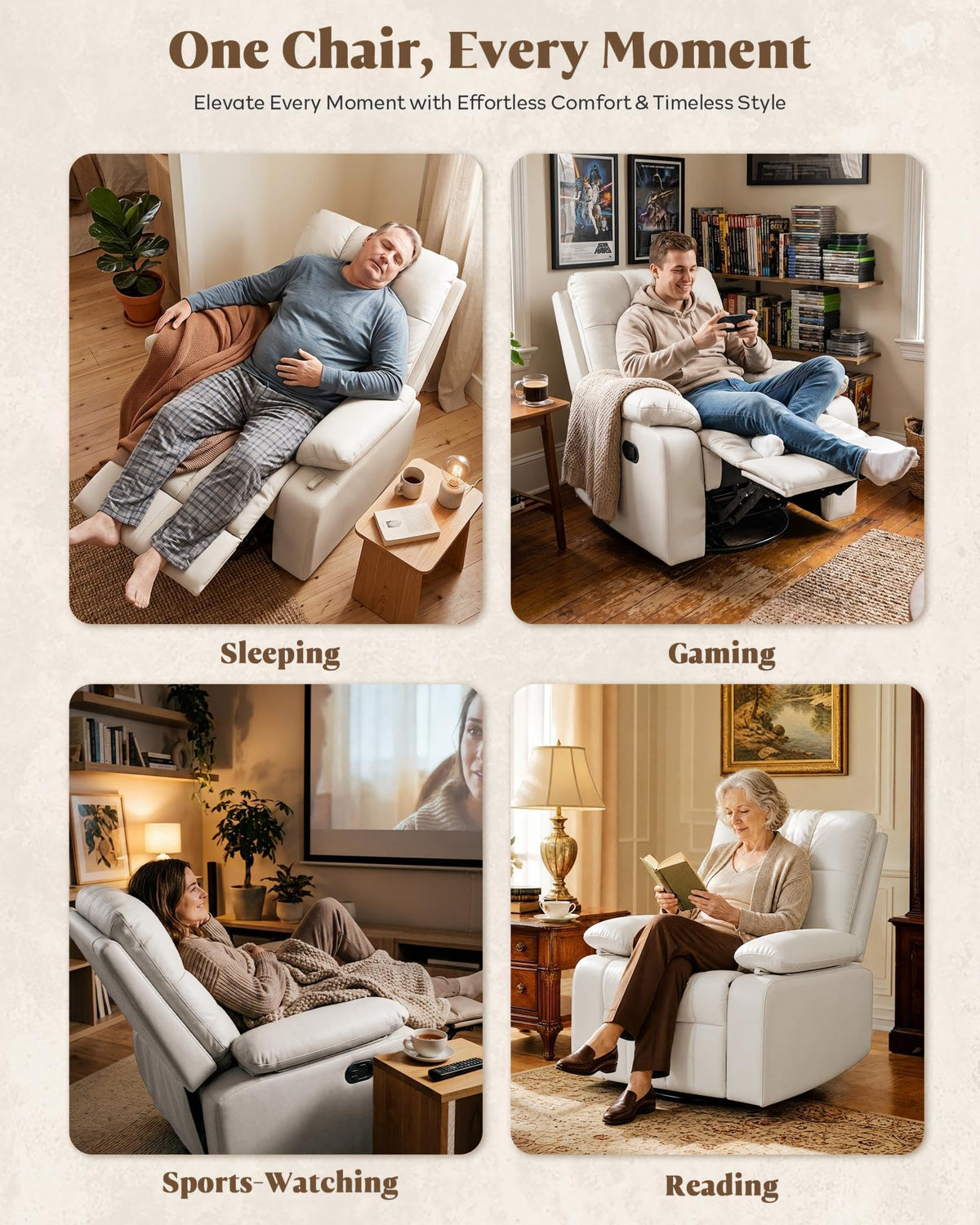 AILEEKISS  Manual Nursery Rocking Chair w/Adjustable Armrests,White Modern Upholstered Nursing Recliner with 360° Swivel Glider & Quiet Rocking for Breastfeeding Bedroom Living Room