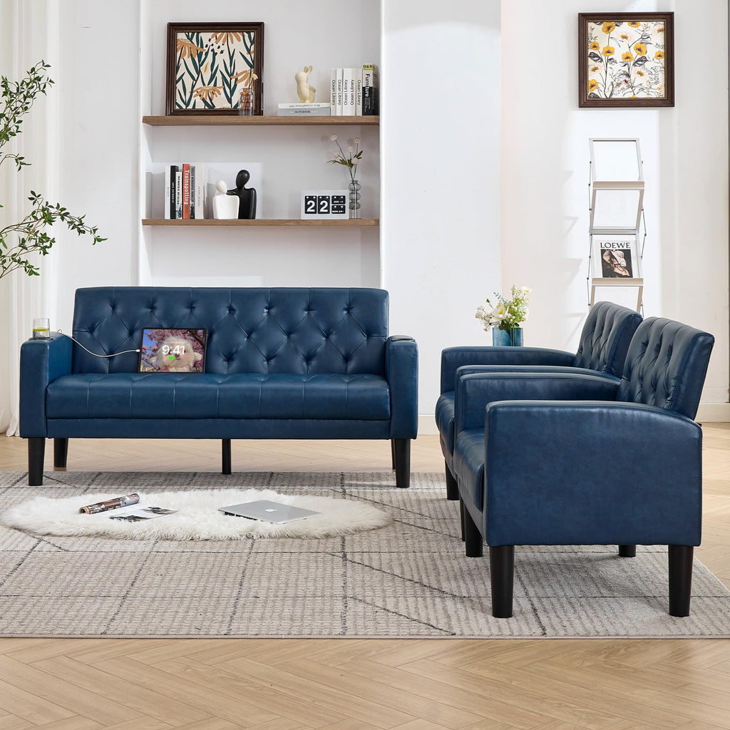 Blue 3-Piece Loveseat Sofa Set with 2 Chairs and USB, Living Room Furniture