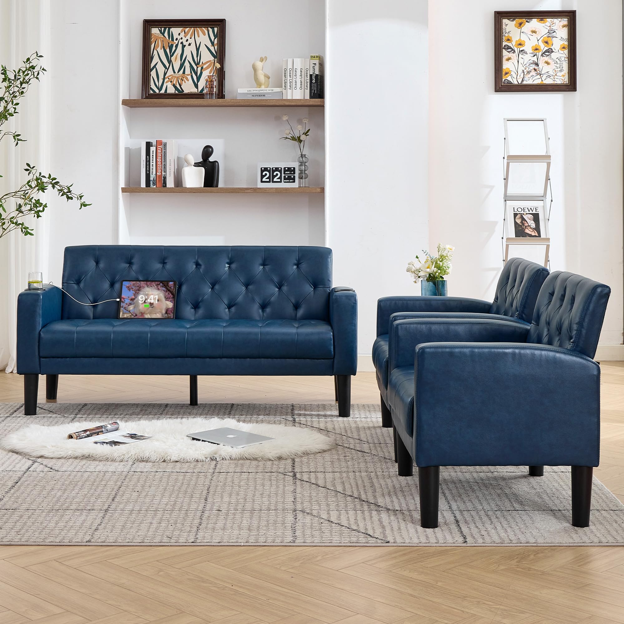 Blue 3-Piece Loveseat Sofa Set with 2 Chairs and USB, Living Room Furniture