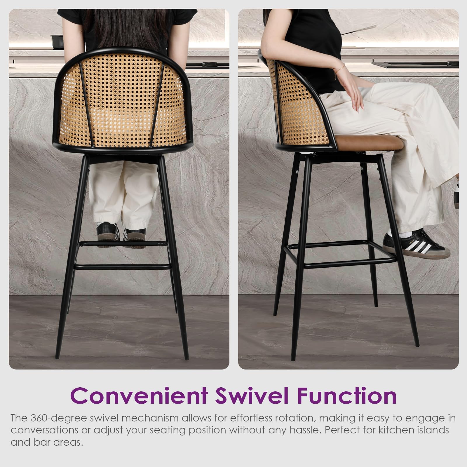 TYBOATLE BarStools Set of 2 w/Rattan Backrest, Swivel Counter Height Bar Stools w/Metal Legs, Modern Mid-Century Boho Stools with Faux Leather for Kitchen Island, Dining Room, White (2, Brown-26'')