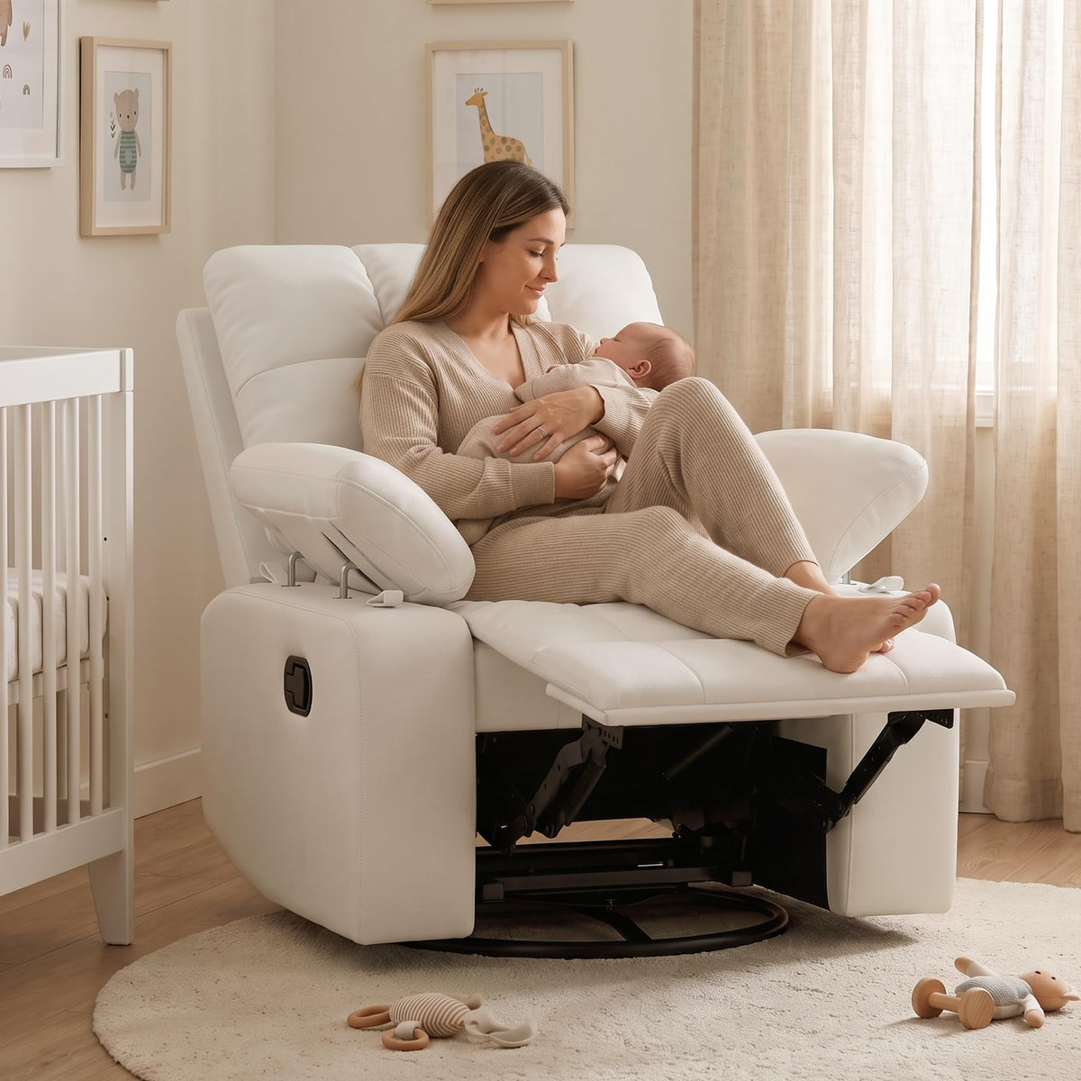 AILEEKISS  Manual Nursery Rocking Chair w/Adjustable Armrests,White Modern Upholstered Nursing Recliner with 360° Swivel Glider & Quiet Rocking for Breastfeeding Bedroom Living Room
