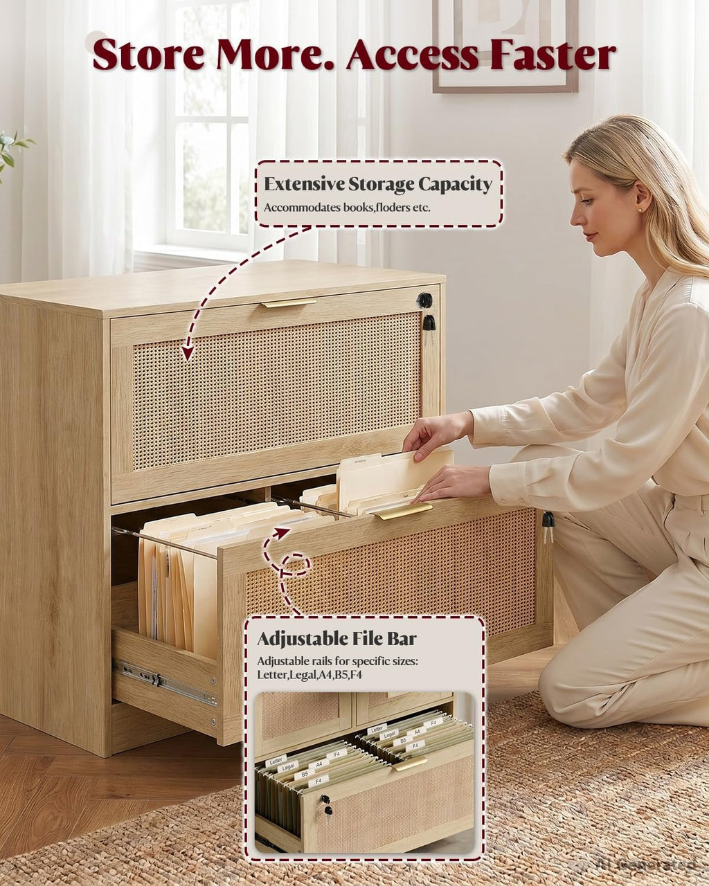 HOPUBUY 2 Drawer File Cabinet with Lock, Printer Stand Lateral Home Office and School, Wood Rattan Filing Cabinet for Hanging Files/Letter/Legal/A4/F4 Size,Natural