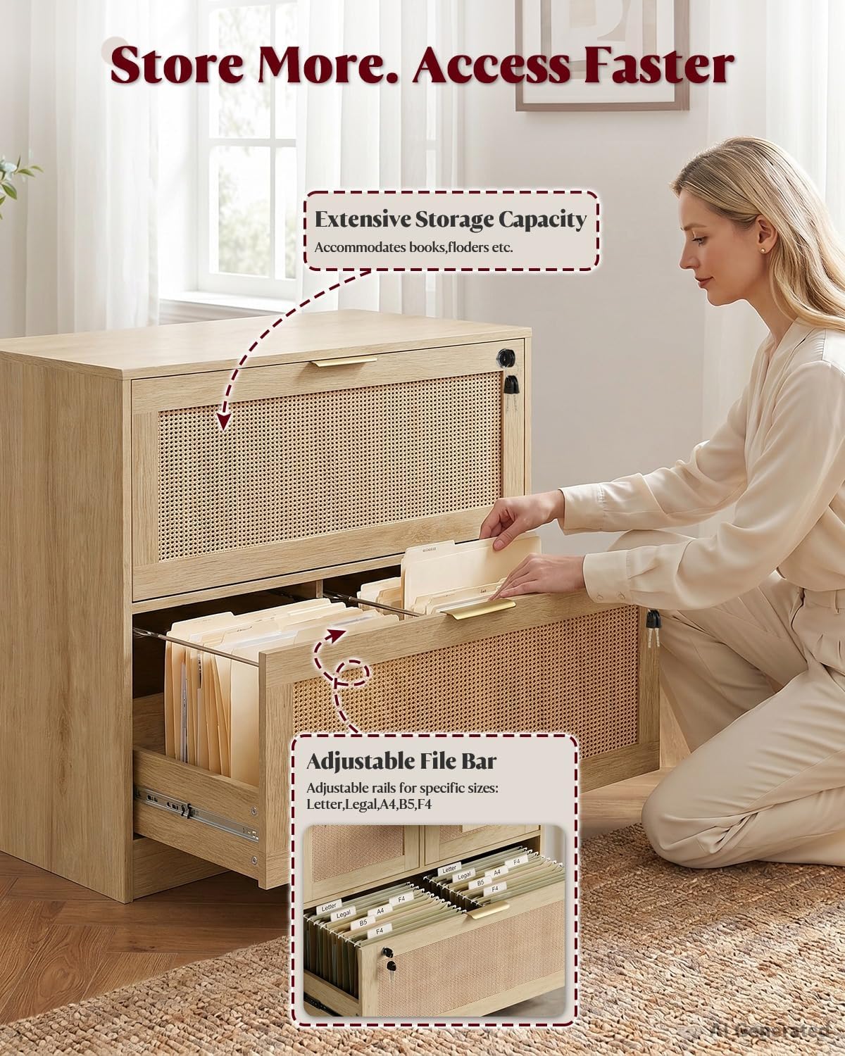 HOPUBUY 2 Drawer File Cabinet with Lock, Printer Stand Lateral Home Office and School, Wood Rattan Filing Cabinet for Hanging Files/Letter/Legal/A4/F4 Size,Natural