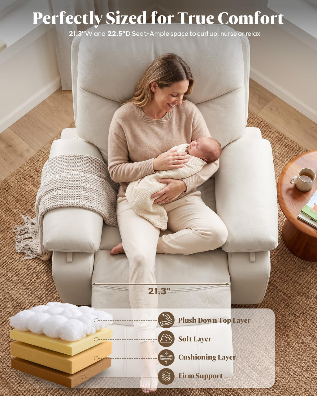 AILEEKISS Nursery Glider Rocking Recliner with Adjustable Armrests, White Comfortable Nursing Chair for Breastfeeding Moms, 360°Swivel, 110°-135° Recline, Quiet Rocker Nursery for Living Room